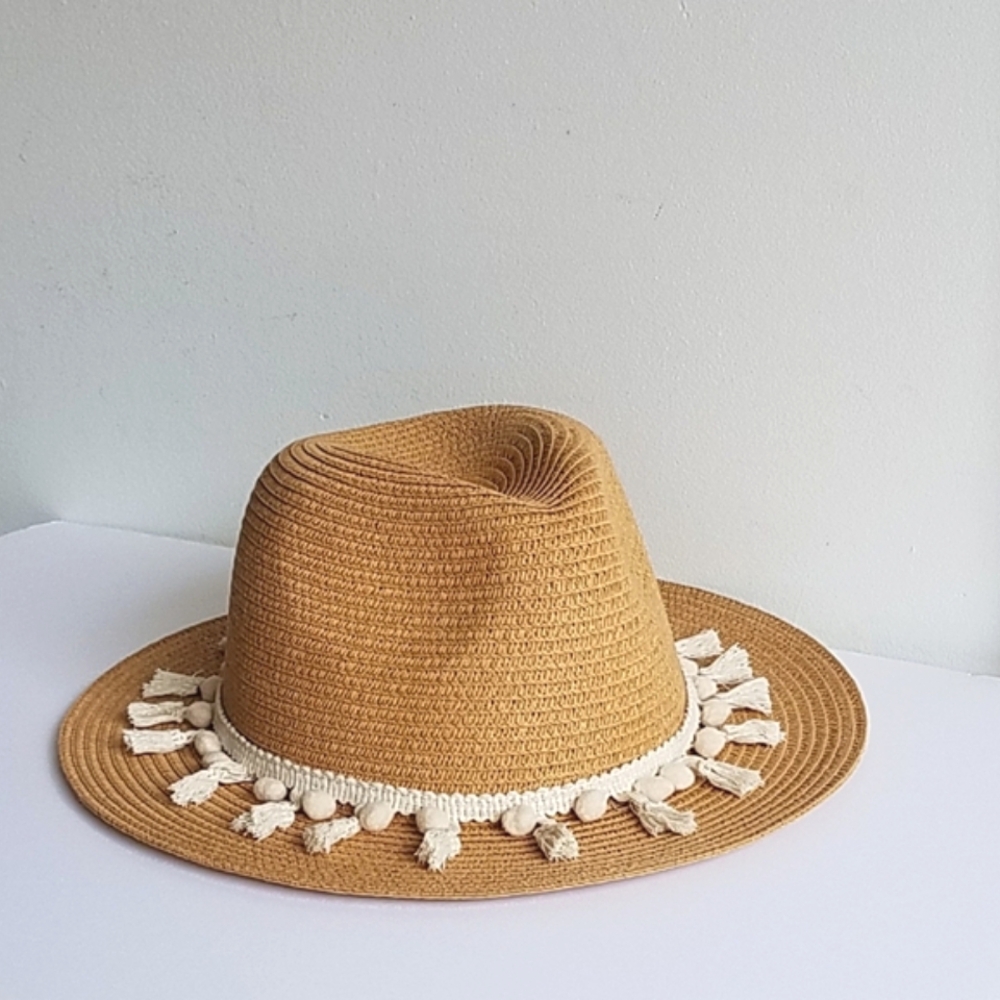 Straw Fedora Hat with Tassel Band - Picture 3 of 10